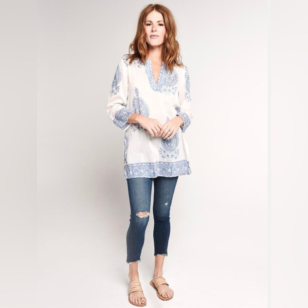 ALICIA BELL Designer 8 Block Blue and White Women's Tunic Top Size S
